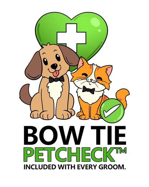 Bow Tie PETCHECK mascots — a cartoon dog and cat wearing bow ties with a green medical heart, the Bow Tie PETCHECK wellness program logo.