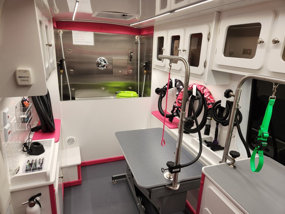 Clean grooming setup inside Bow Tie mobile spa