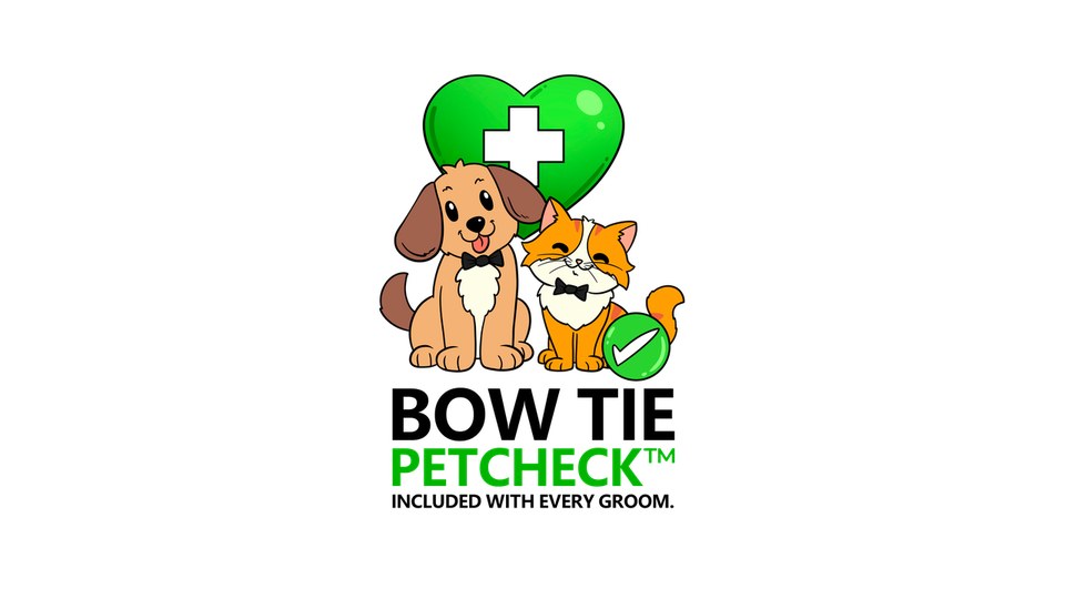 Bow Tie PETCHECK™ wellness scan logo featuring an illustrated cartoon puppy and orange tabby cat sitting side by side, both wearing signature black bow ties. Behind them is a green heart with a white medical cross, symbolizing pet health and wellness. A green checkmark badge appears next to the cat, indicating the complimentary health screening included with every grooming appointment. The text reads 'BOW TIE PETCHECK™ — Included With Every Groom.' This free nose-to-tail wellness observation checks ears, eyes, gums, teeth, skin, coat, paws, nails, and mobility during every mobile grooming visit in Frisco, McKinney, Plano, Prosper, and The Colony.