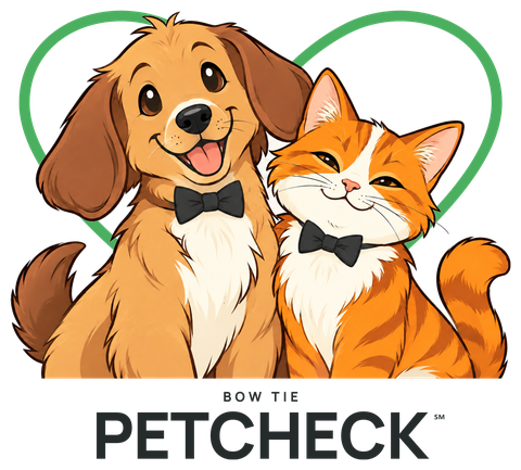 Bow Tie PETCHECK℠ mark &mdash; an illustrated dog and cat in bow ties inside a green heart outline, above the PETCHECK wordmark.