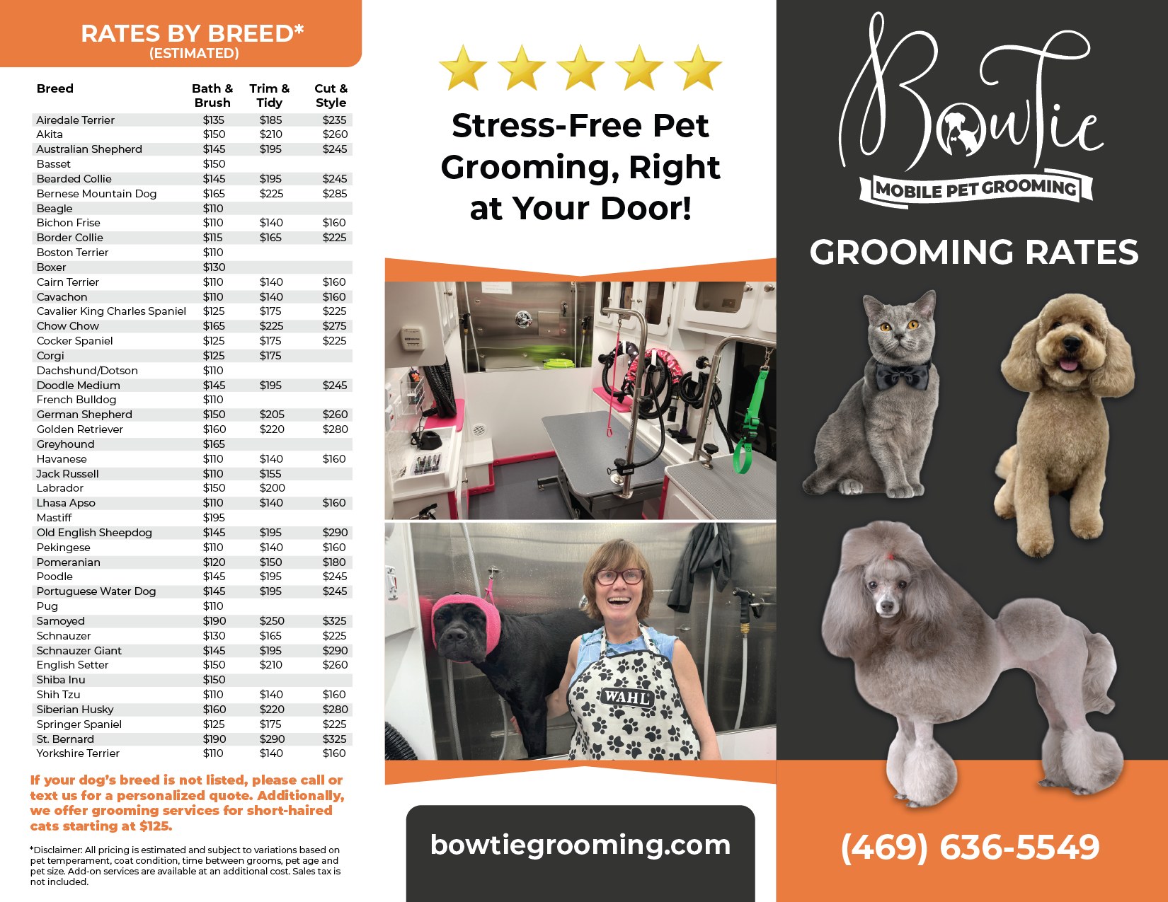 Bow Tie Mobile Pet Grooming rates brochure second page featuring a comprehensive Rates by Breed pricing table and promotional imagery for pet parents throughout Frisco, McKinney, Plano, Prosper, and The Colony. The left column displays estimated pricing for over 40 breeds organized alphabetically, with three package tiers: Bath & Brush, Trim & Tidy, and Cut & Style. Sample pricing includes Goldendoodle/Doodle Medium at $145/$195/$245, Golden Retriever at $160/$220/$280, Shih Tzu at $110/$140/$160, and Yorkshire Terrier at $110/$140/$160. A note indicates that unlisted breeds can call or text for a personalized quote, and cat grooming services start at $125. The right side features the Bow Tie logo with five gold stars and the tagline 'Stress-Free Pet Grooming, Right at Your Door!' Photos showcase a dapper gray cat wearing a bow tie, an adorable cream Goldendoodle puppy, Helen the Lead Groomer smiling inside the fully-equipped mobile grooming van, and a stunning silver Standard Poodle with a show-quality continental clip. Contact information displays bowtiegrooming.com and (469) 636-5549.