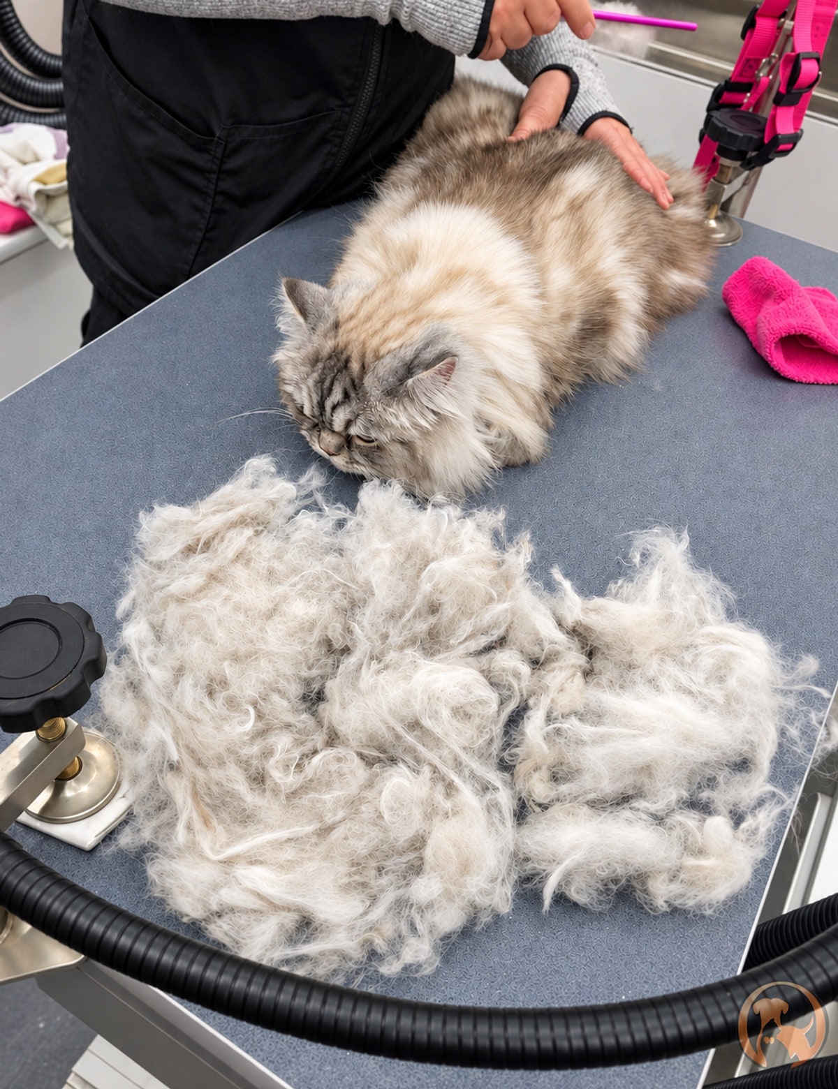 A long-haired cat on the grooming table beside the pile of loose undercoat Helen brushed out during an Ultimate De-shed inside the Bow Tie van