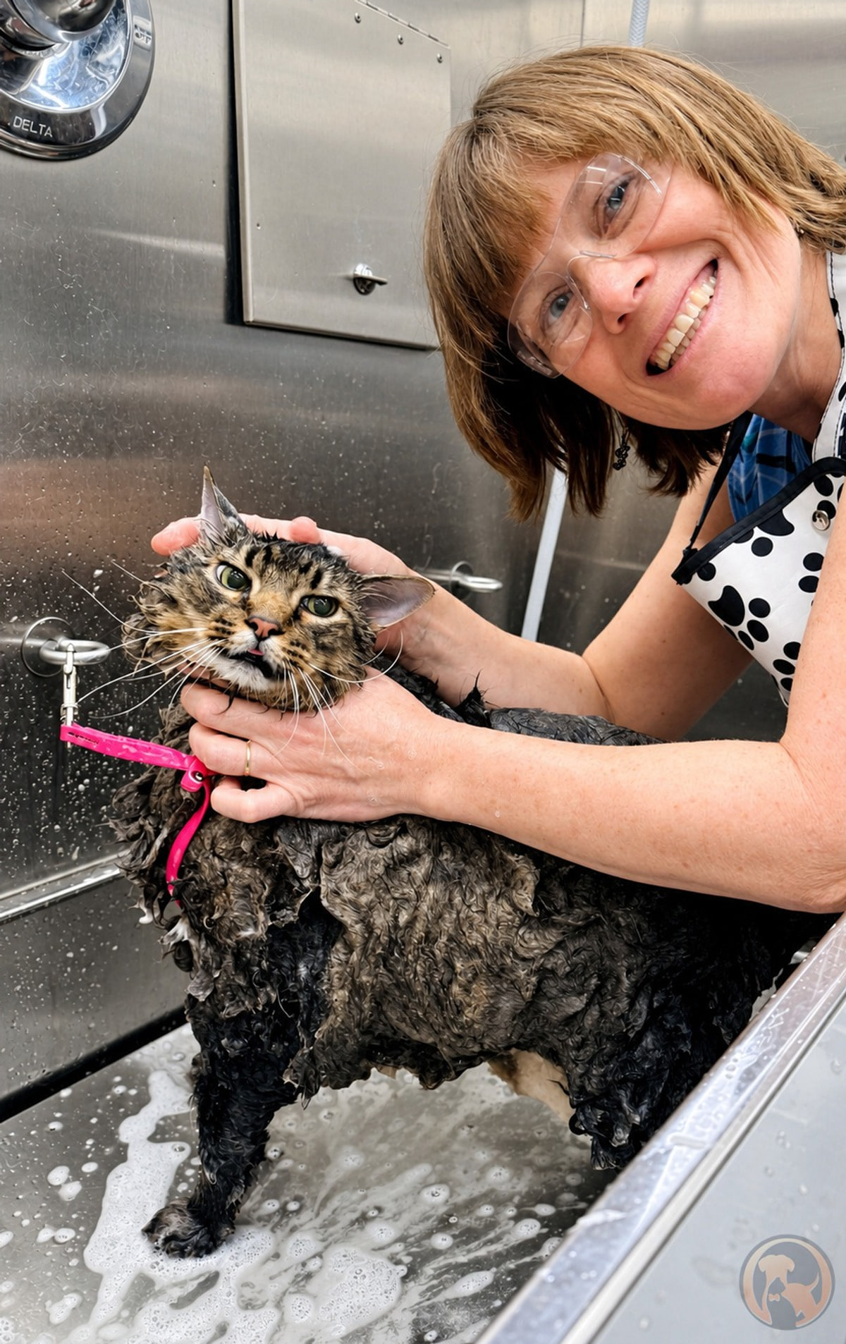Helen, Bow Tie's lead groomer, smiling as she bathes a soaked tabby cat in the stainless steel tub inside the mobile grooming van