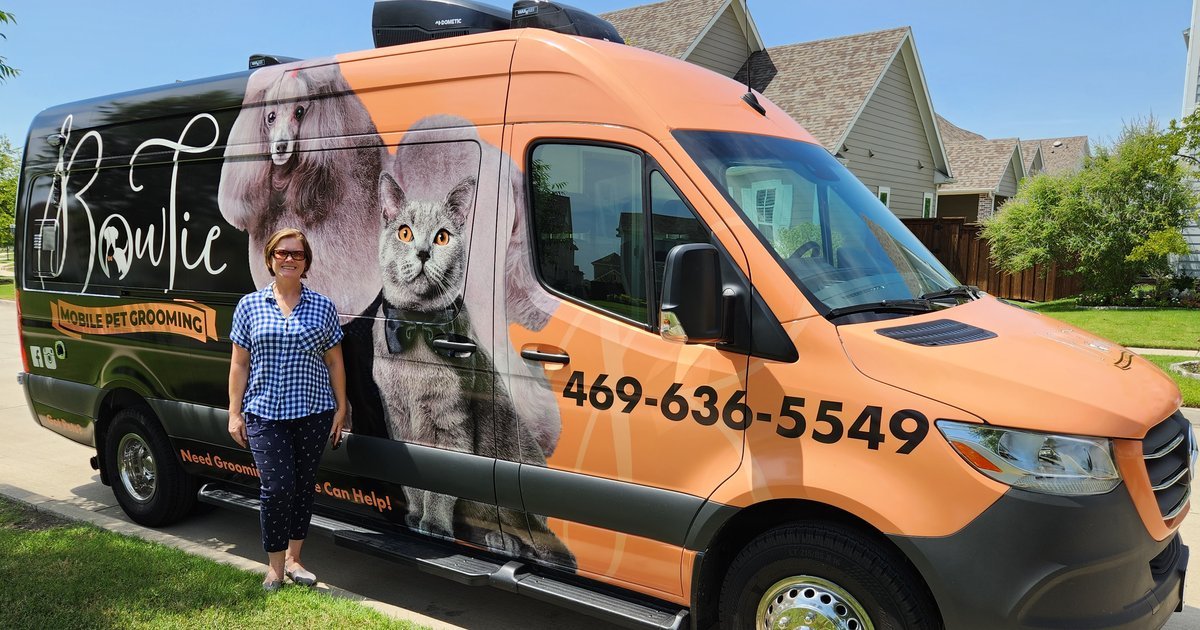Bow Tie Mobile Pet Grooming van parked at the curb in a North Texas neighborhood, ready for an appointment