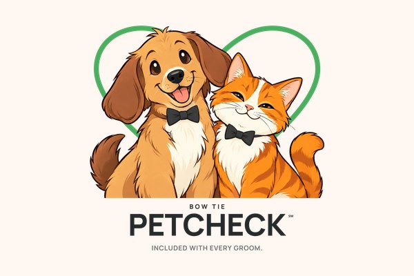 PETCHECK logo — a cartoon dog and cat in bow ties inside a green heart