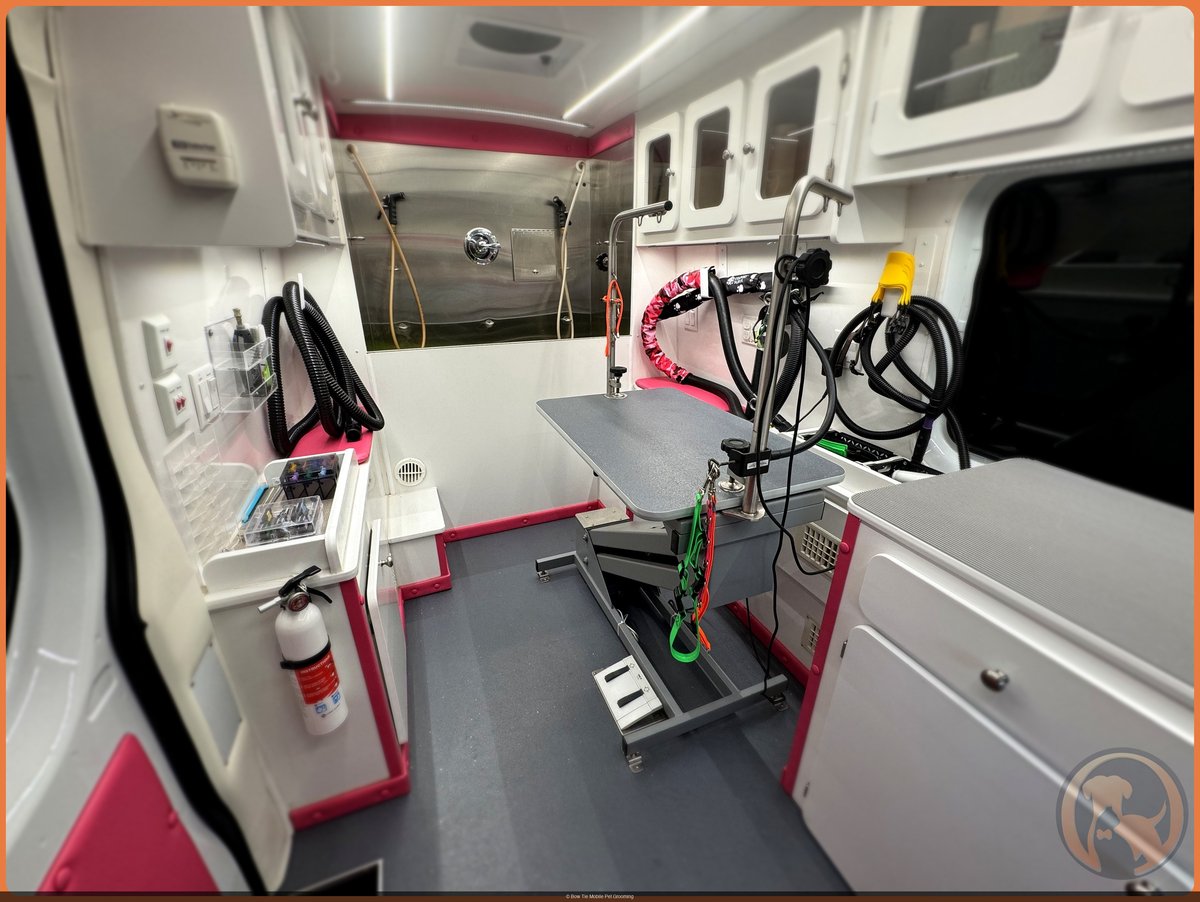 The Bow Tie mobile grooming van pulling up to a North Texas driveway, ready for a first appointment