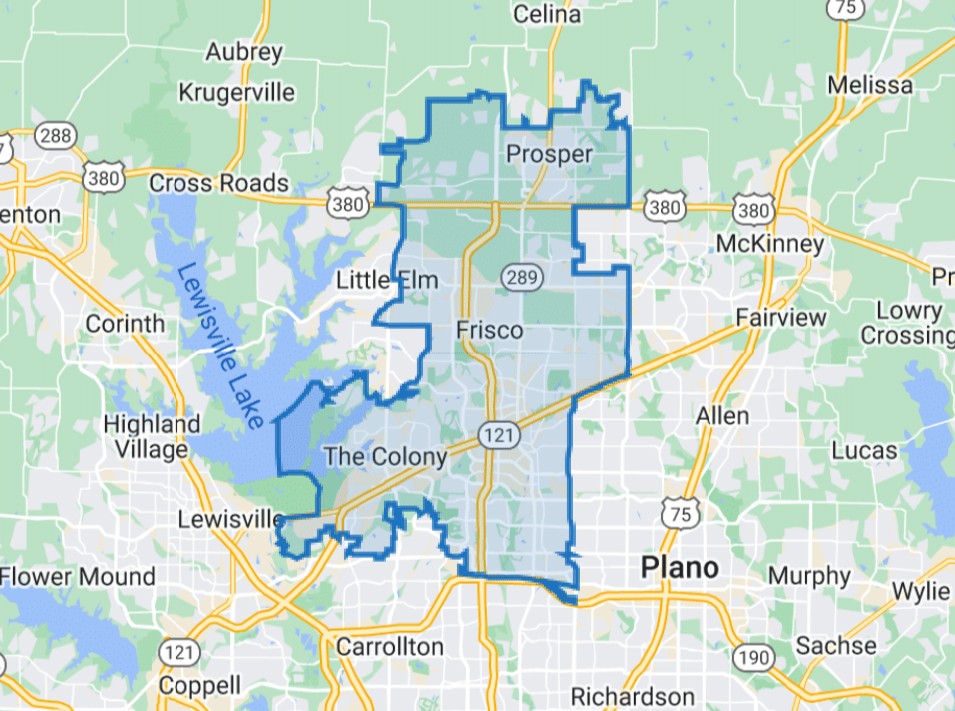 Map of the North Dallas highlighting Bow Tie Mobile Pet Grooming's service area with a blue boundary outline. The coverage zone encompasses five primary cities: Frisco at the center, Prosper to the north, McKinney to the east, Plano to the south, and The Colony to the southwest along Lewisville Lake. Major highways including US-380, TX-289 (Preston Road), TX-121, and US-75 traverse the service region, providing easy access to neighborhoods like Stonebridge Ranch, Craig Ranch, Phillips Creek Ranch, Newman Village, Richwoods, and Star Trail. This interactive map helps pet parents confirm whether Bow Tie's stress-free mobile grooming service comes to their specific address throughout Collin and Denton counties.