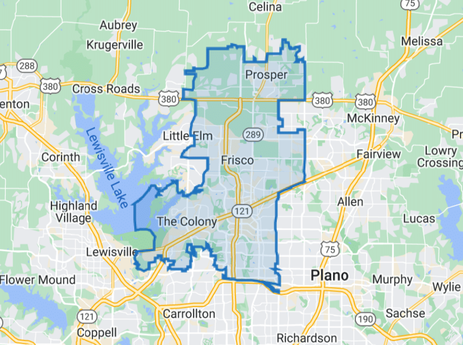 Service area outline on a Dallas–Fort Worth map