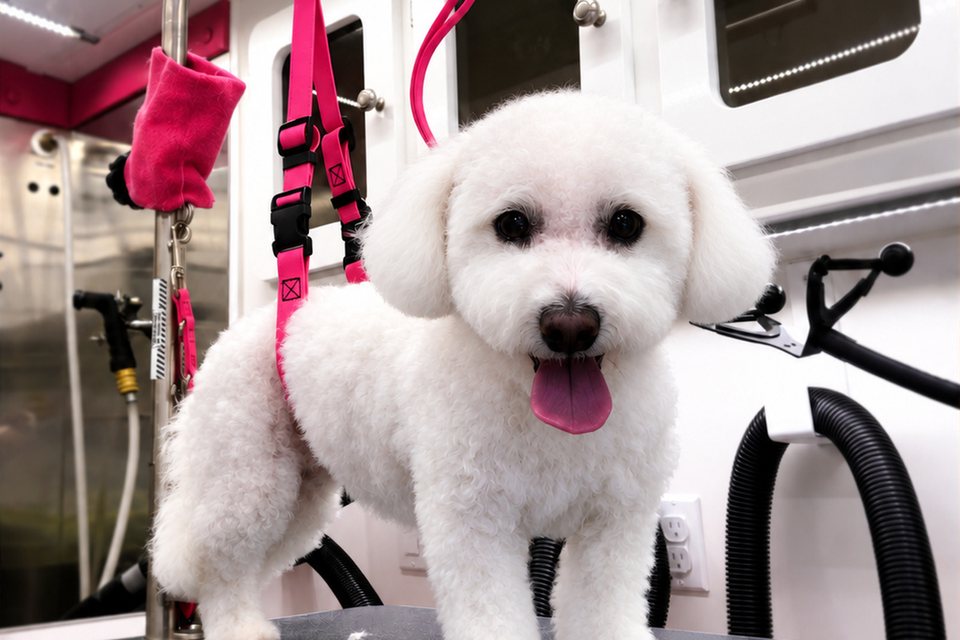 A bright white Bichon standing on the grooming table inside Bow Tie's mobile van after a color-enhancement bath, coat fluffed and clean.