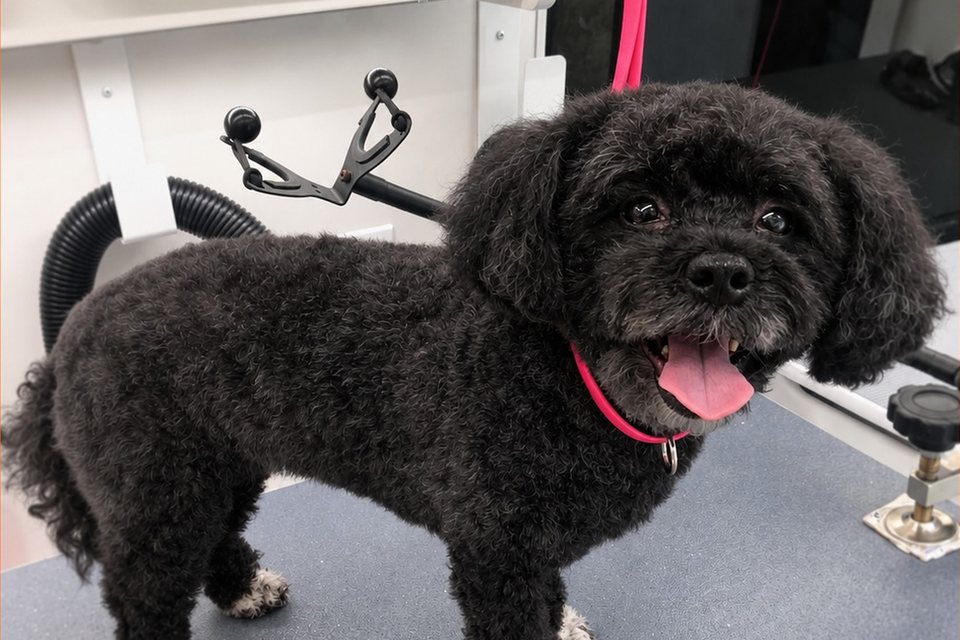 A black curly-coated small dog standing on the grooming table inside Bow Tie's mobile van, tongue out, after a keratin treatment.