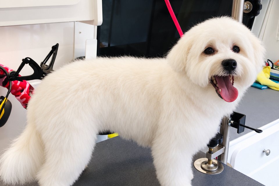 A fluffy white dog standing on the grooming table inside Bow Tie's mobile van, coat full and brushed out, after a protein treatment.